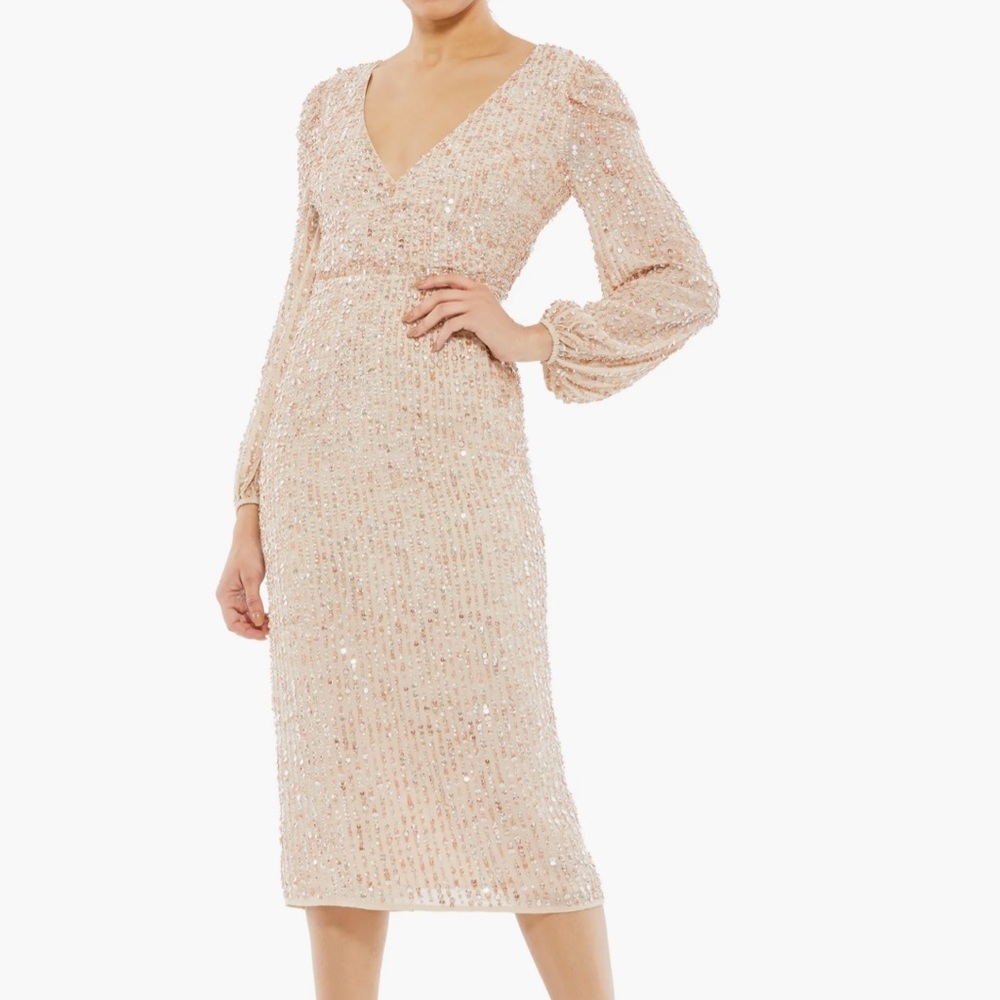 Mac Duggal Long Sleeve Neutral Color Sequin Dress